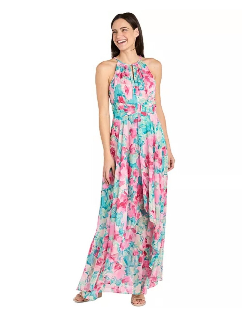 NWT R&M Richards Floral Chiffon Maxi Dress 12 Pink Blue Wedding Guest $159